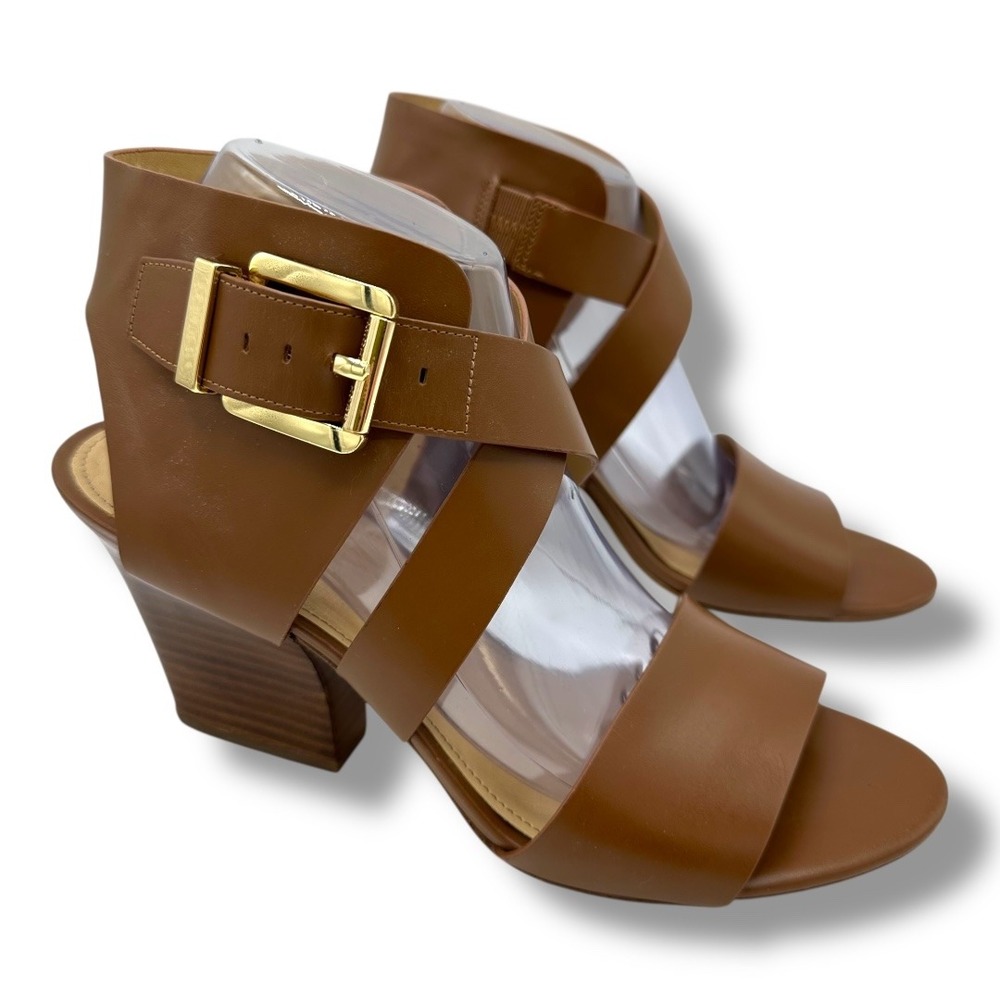 Michael Kors Womens Luggage Tan Leather Adriana Wedge Sandals Gold Buckle Sz 9.5 - Picture 4 of 16